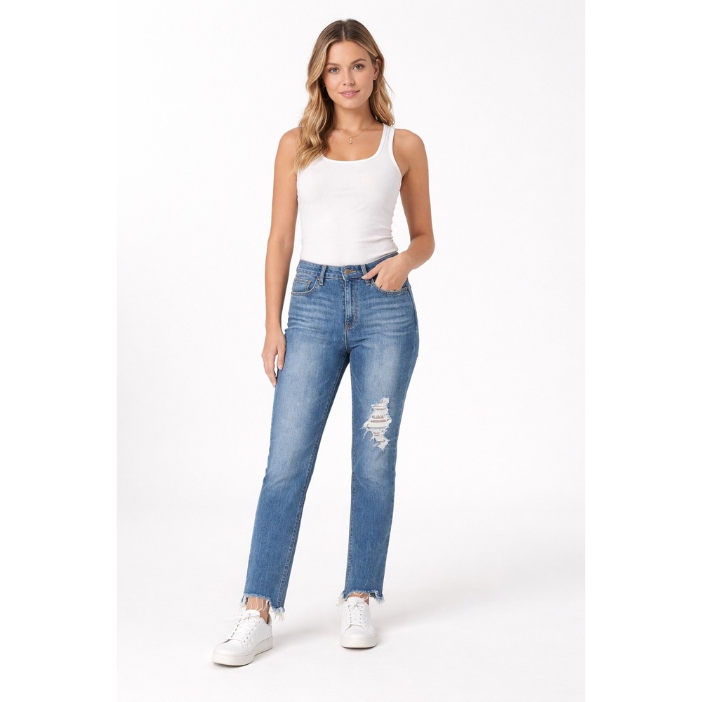 FP1 Levi's Premium 724 High Rise Straight Jeans Denim Size 30 Distressd Raw Hem